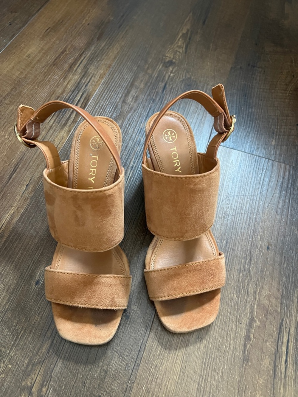 Tory Burch Tan Suede Two-Band Slingback Wedge Sandals - Picture 2 of 4
